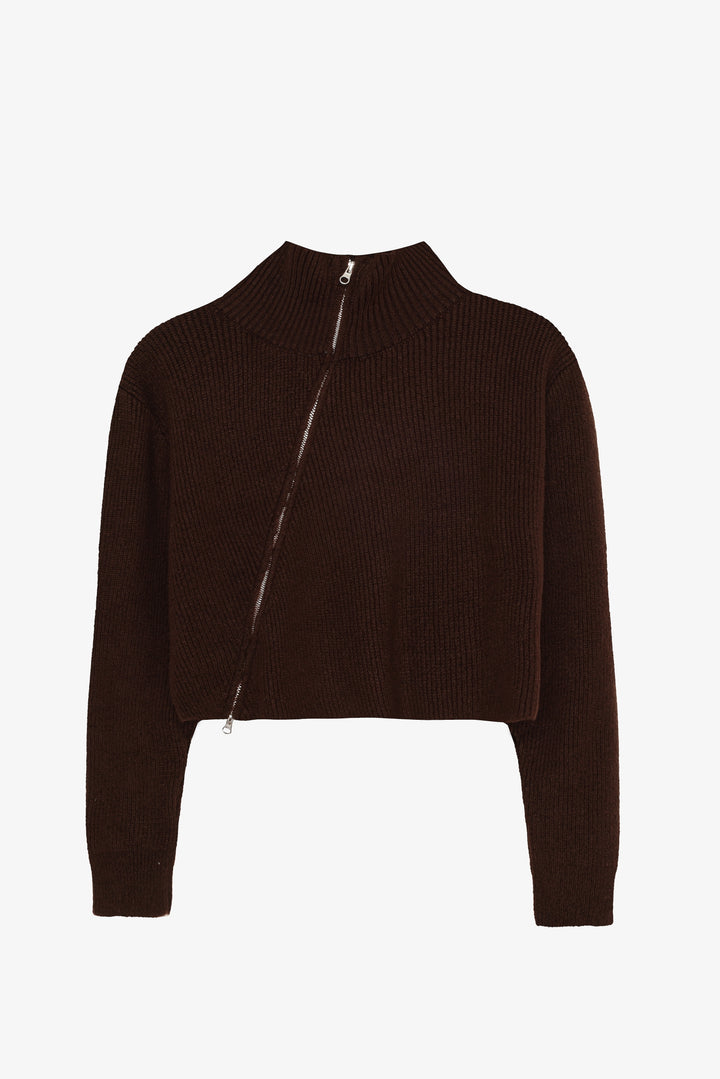 Asimetrik Fermuarlı Triko Kazak Kahverengi