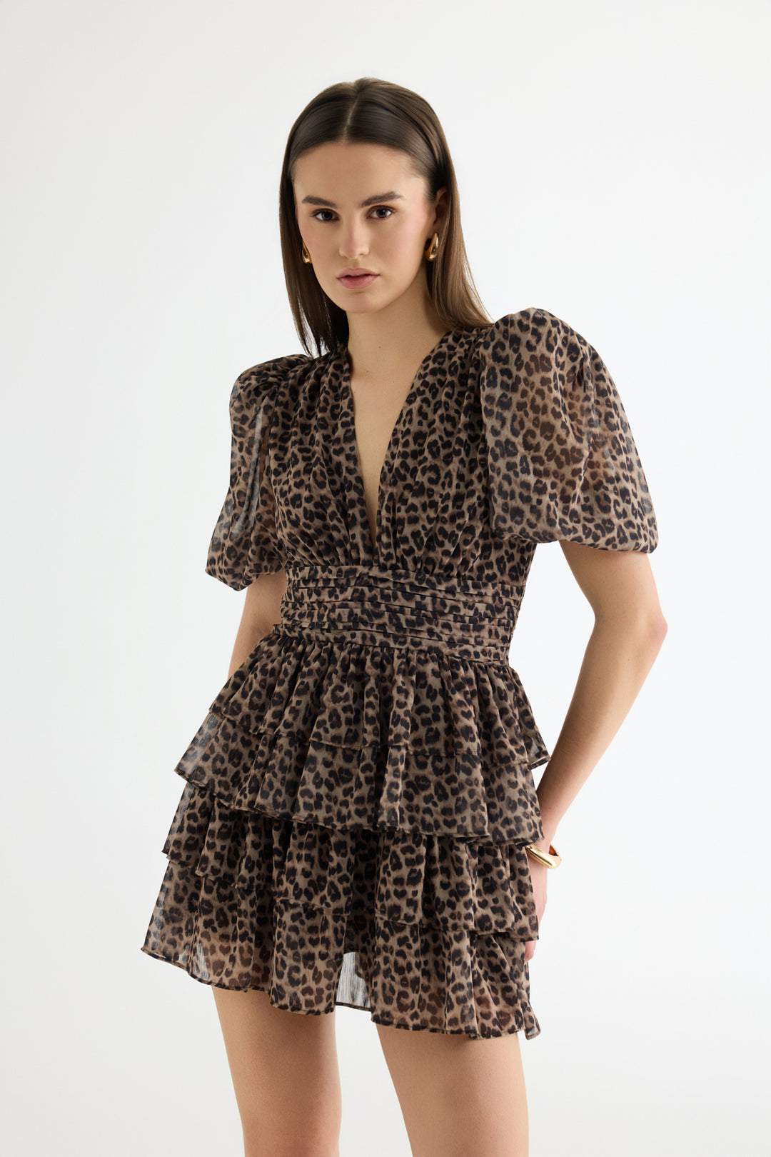 Leopar Desenli Balon Kol Mini Elbise Kahverengi