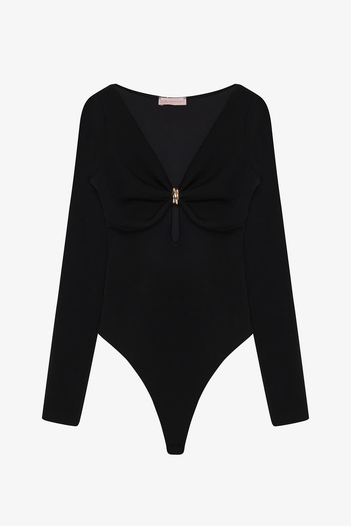 Halka Aksesuarlı Uzun Kollu Bodysuit Siyah