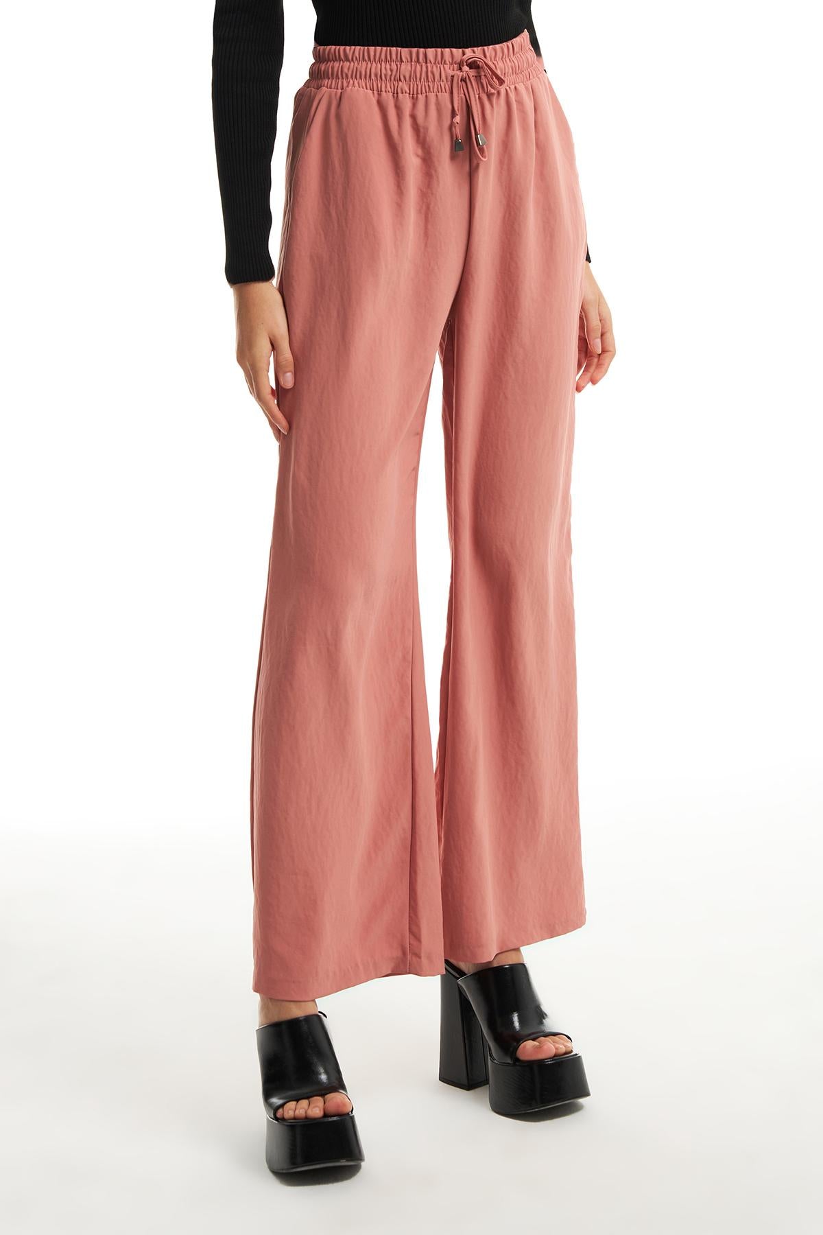 Elastic Waist Wide Leg Trousers Powder