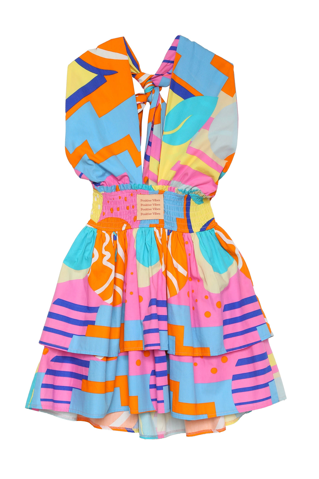 Boyundan Bağlama Detaylı Renkli Desenli Mini Elbise Turuncu