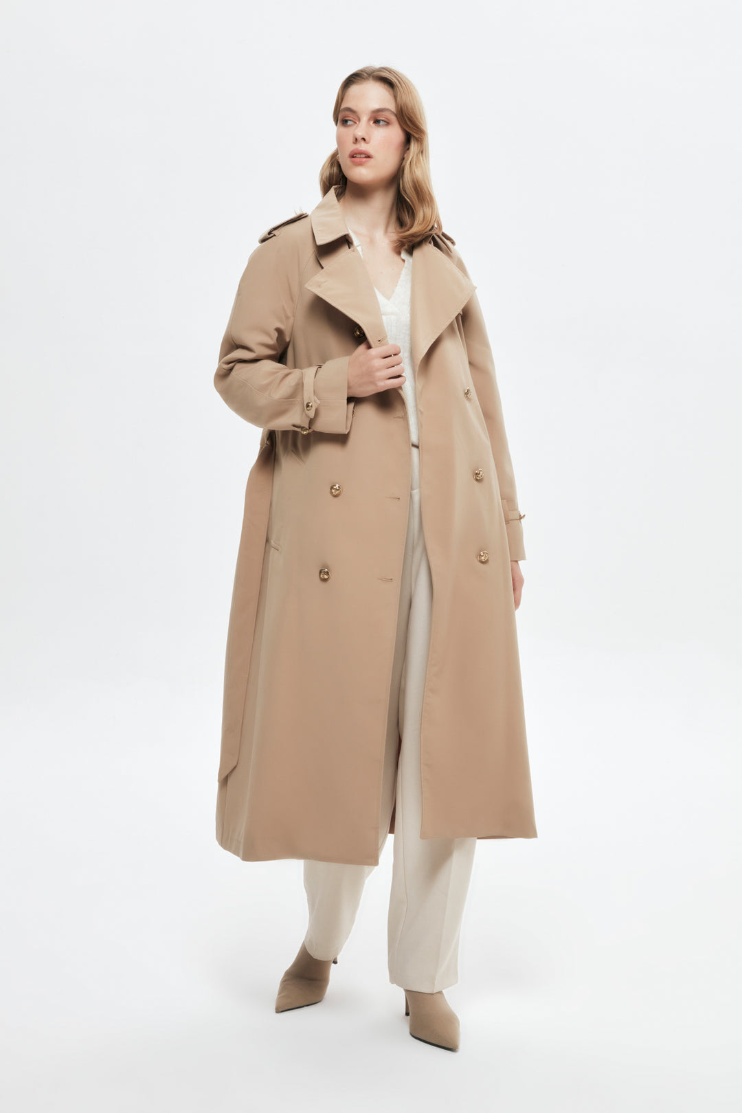 Tie Waist Button Trench Coat Beige