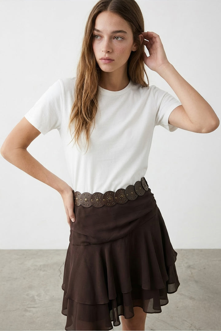 Kemerli Volanlı Kombine Mini Elbise Ekru