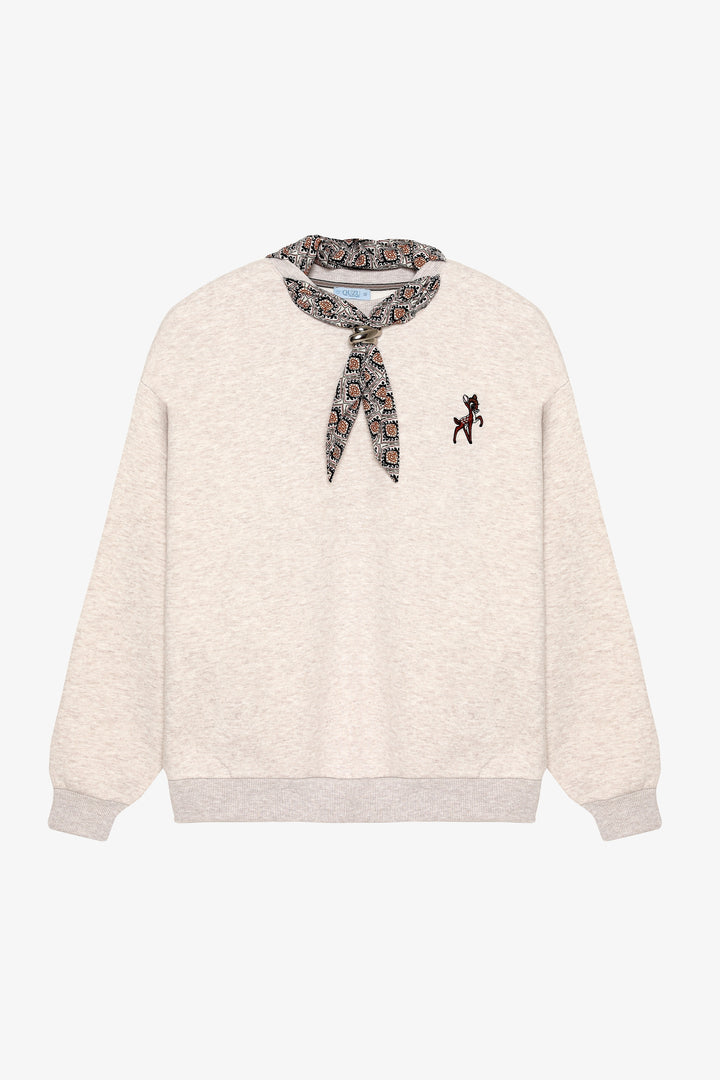 Fular Aksesuarlı Bambi Nakışlı Oversize Sweatshirt Bej