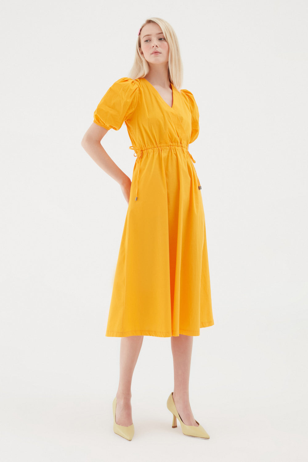 Balloon Sleeve Low-Cut Back Midi Length Dress Orange