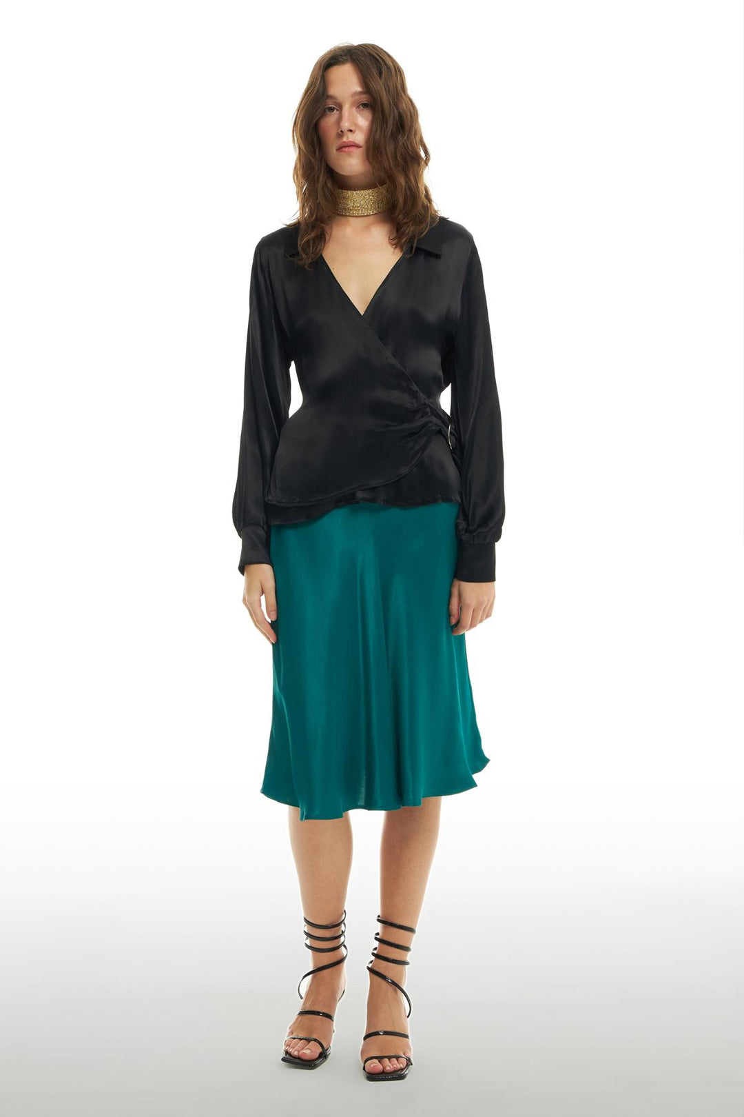 Kruvaze Bağlamalı Saten Gömlek Siyah