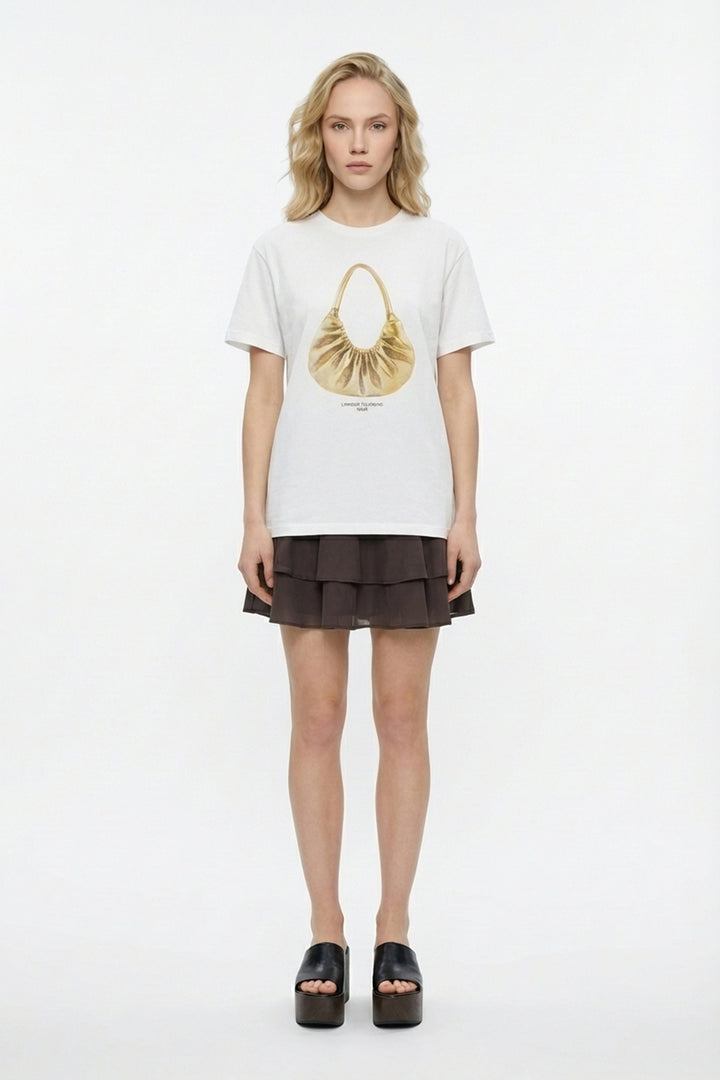 Çanta Baskılı Bisiklet Yaka Tişört Ekru