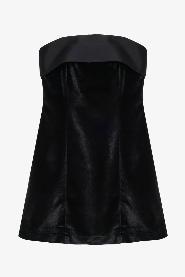 Saten Bantlı Kadife Straplez Mini Elbise Siyah