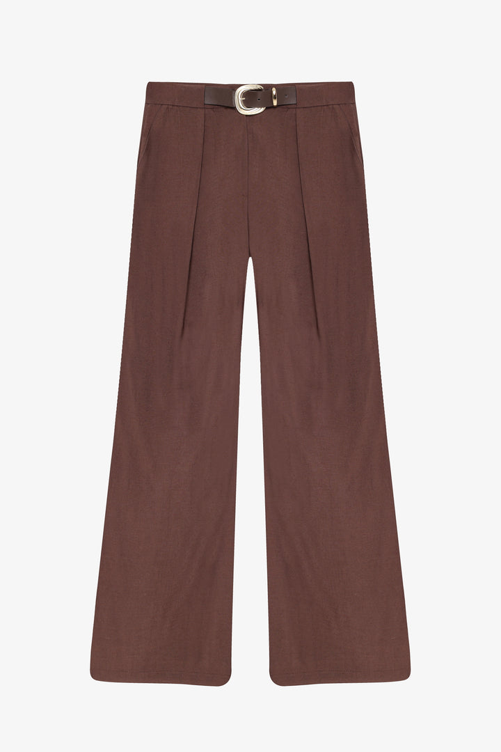 Çift Pile Kemerli Palazzo Pantolon Kahverengi