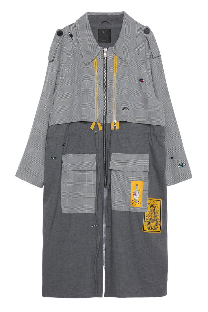 Zipper Detailed Colorful Patterned Trench Coat Gray