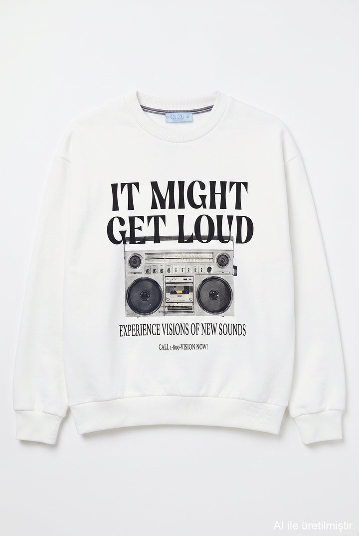 Radyo Baskılı Oversize Sweatshirt Ekru
