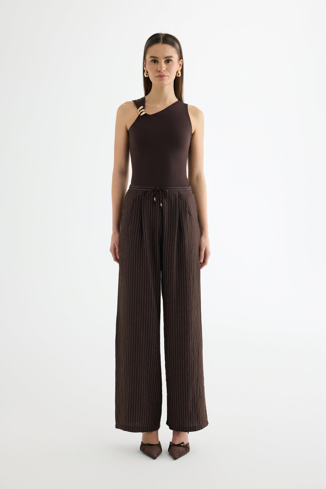 Çizgili Bağcıklı Bol Paça Pantolon Kahverengi