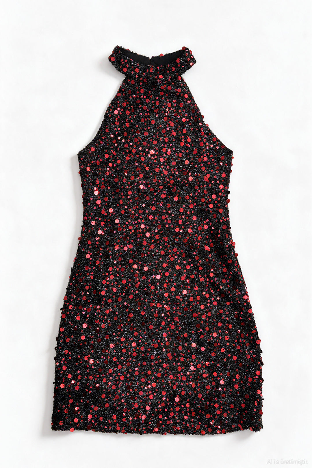 Halter Yaka Payetli Mini Elbise Kırmızı