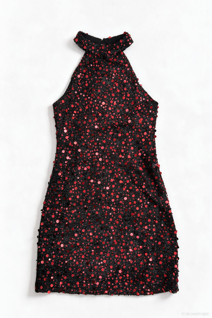 Halter Yaka Payetli Mini Elbise Kırmızı