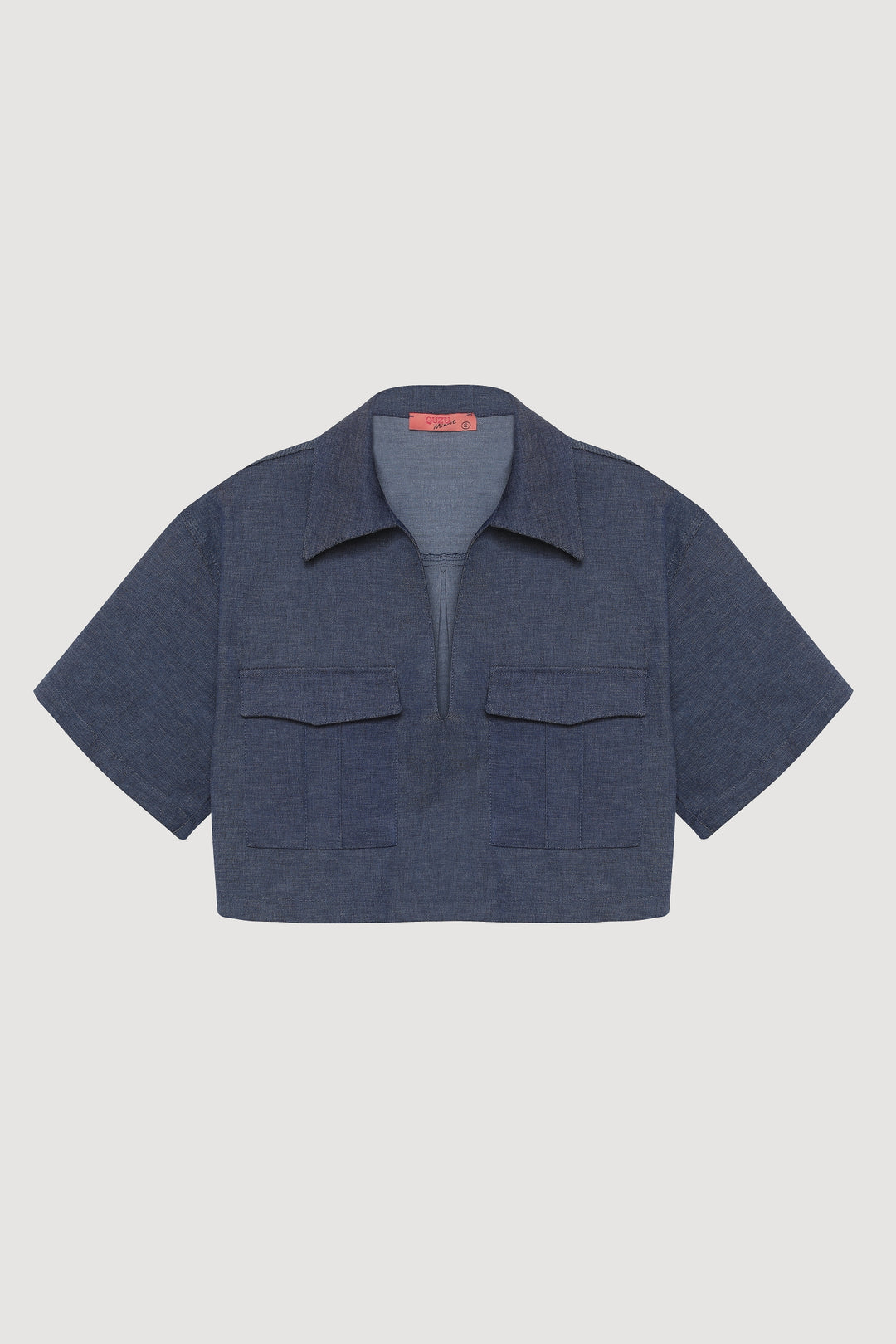 Cep Detaylı Kot Görünümlü Crop Bluz İndigo