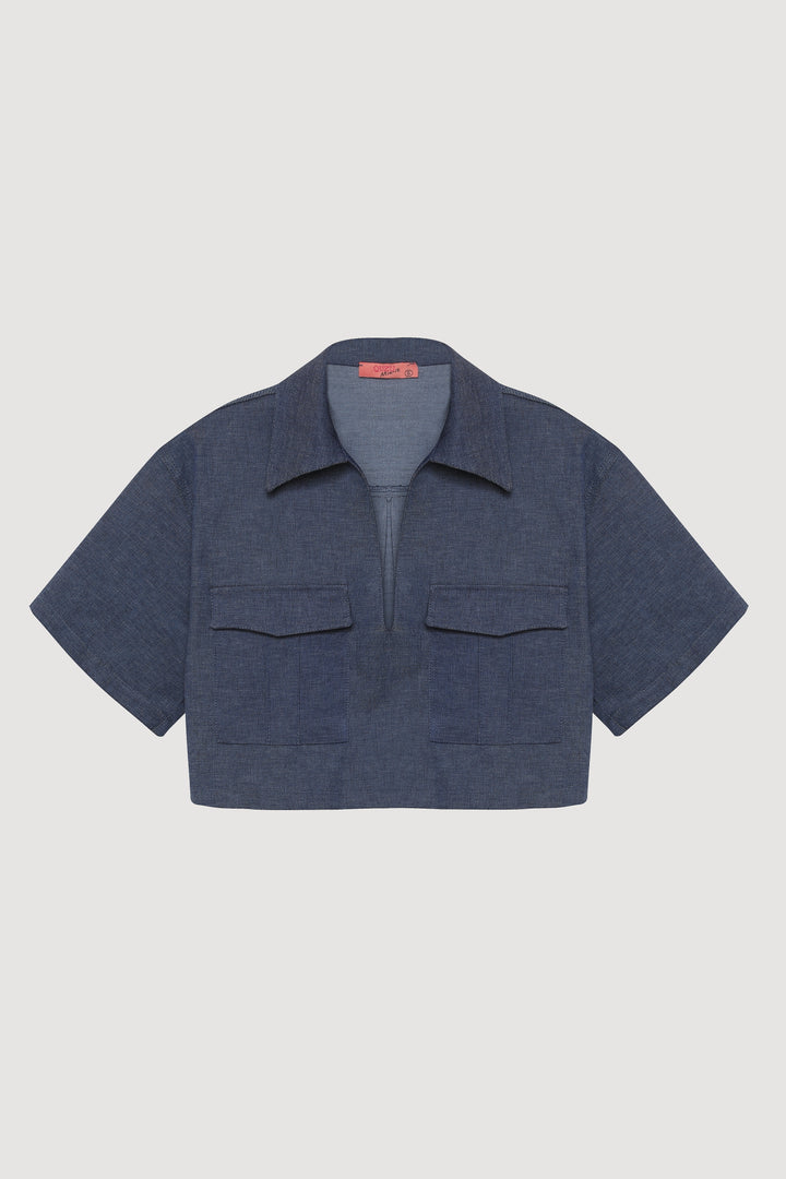 Cep Detaylı Kot Görünümlü Crop Bluz İndigo