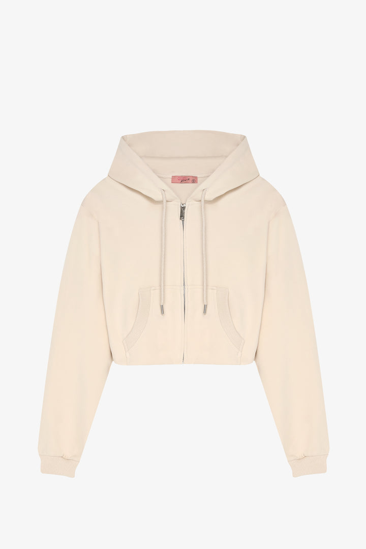 Kapüşonlu Fermuarlı Basic Sweatshirt Bej