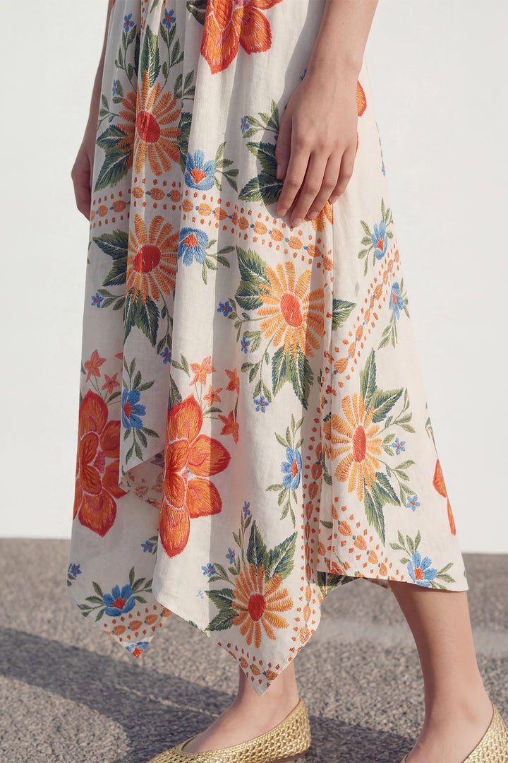 Çiçek Desenli Asimetrik Midi Etek Krem