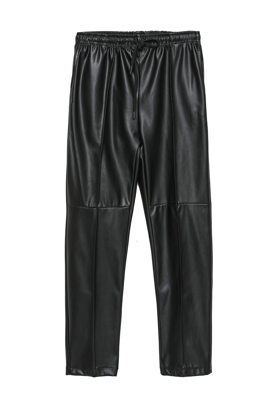 Elastic Waist Leather Trousers Black