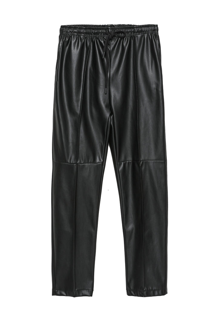 Elastic Waist Leather Trousers Black