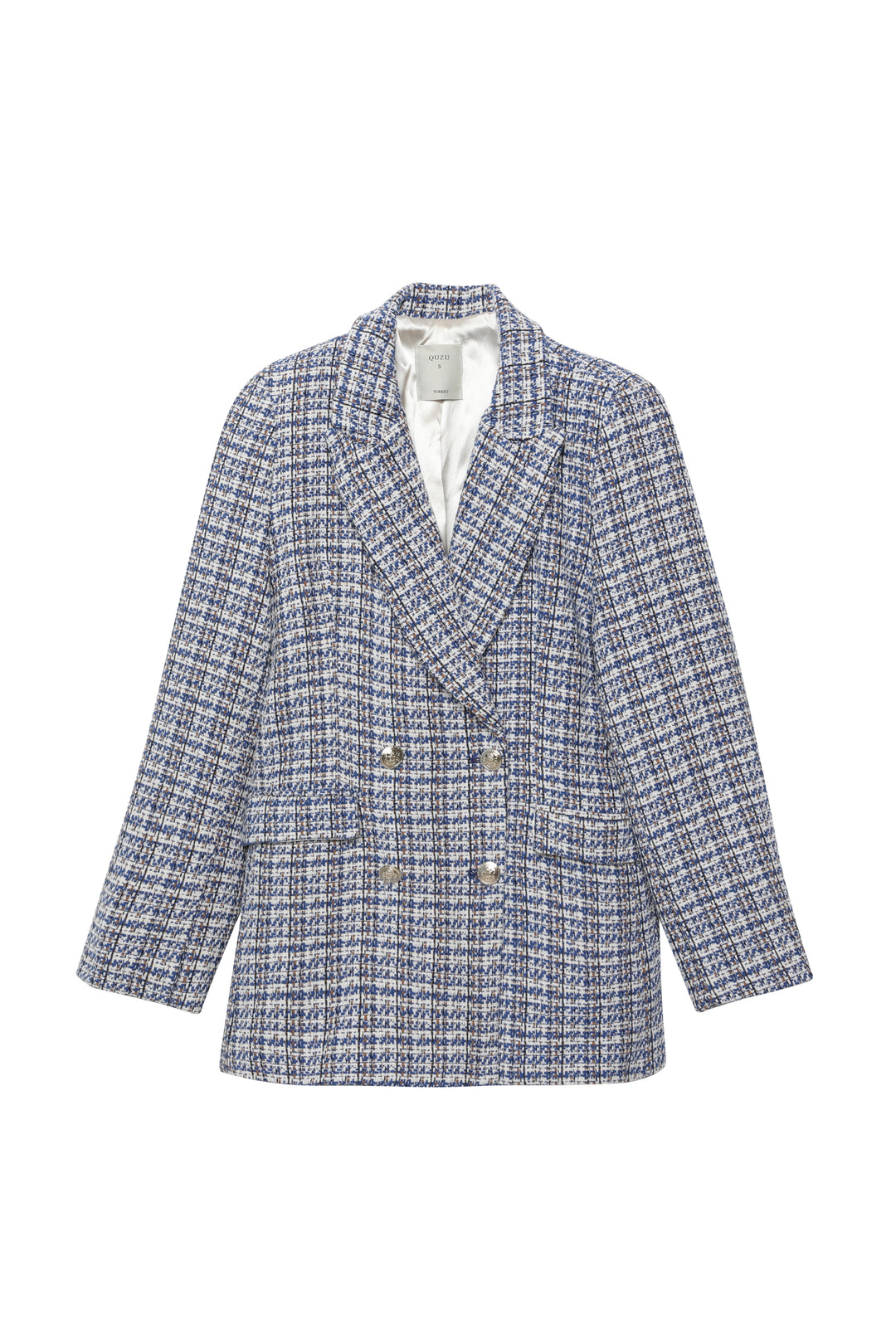 Kruvaze Yaka Düğme Detaylı Tüvit Blazer Ceket Sax