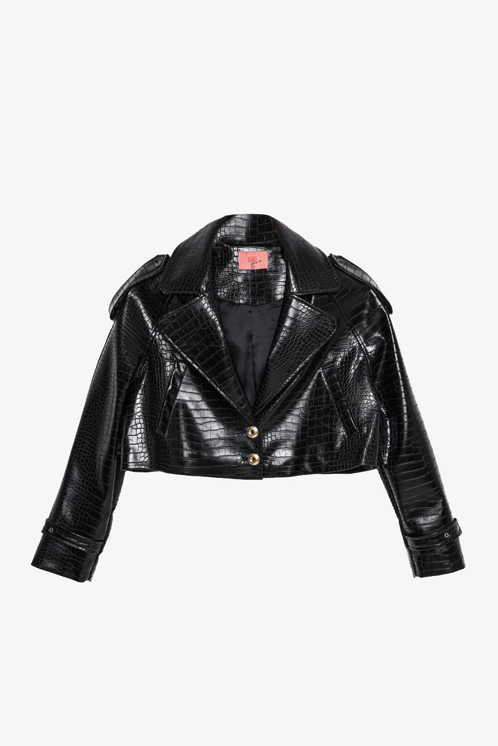 Kroko Desenli Crop Deri Ceket Siyah