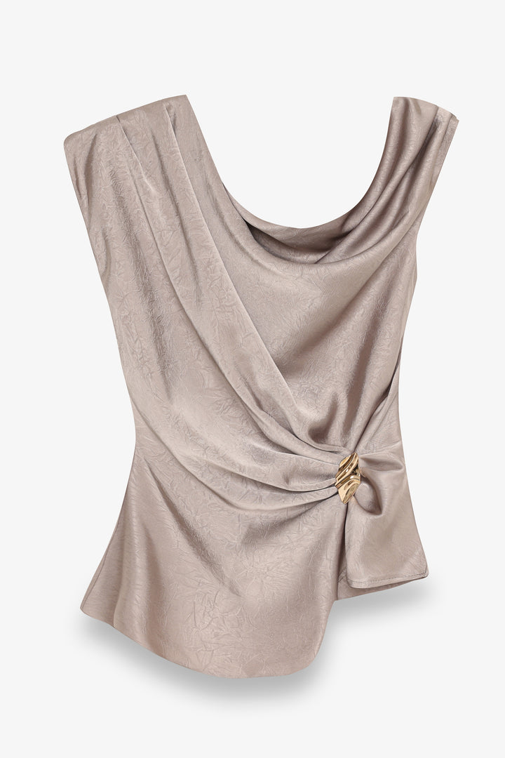 Asimetrik Drapeli Aksesuarlı Saten Bluz Vizon
