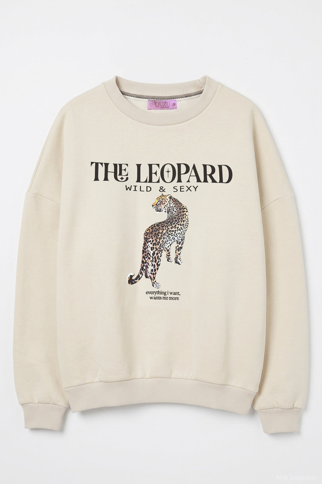 Yazı ve Leopar Baskılı Oversize Sweatshirt Bej