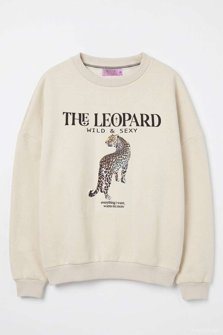 Yazı ve Leopar Baskılı Oversize Sweatshirt Bej