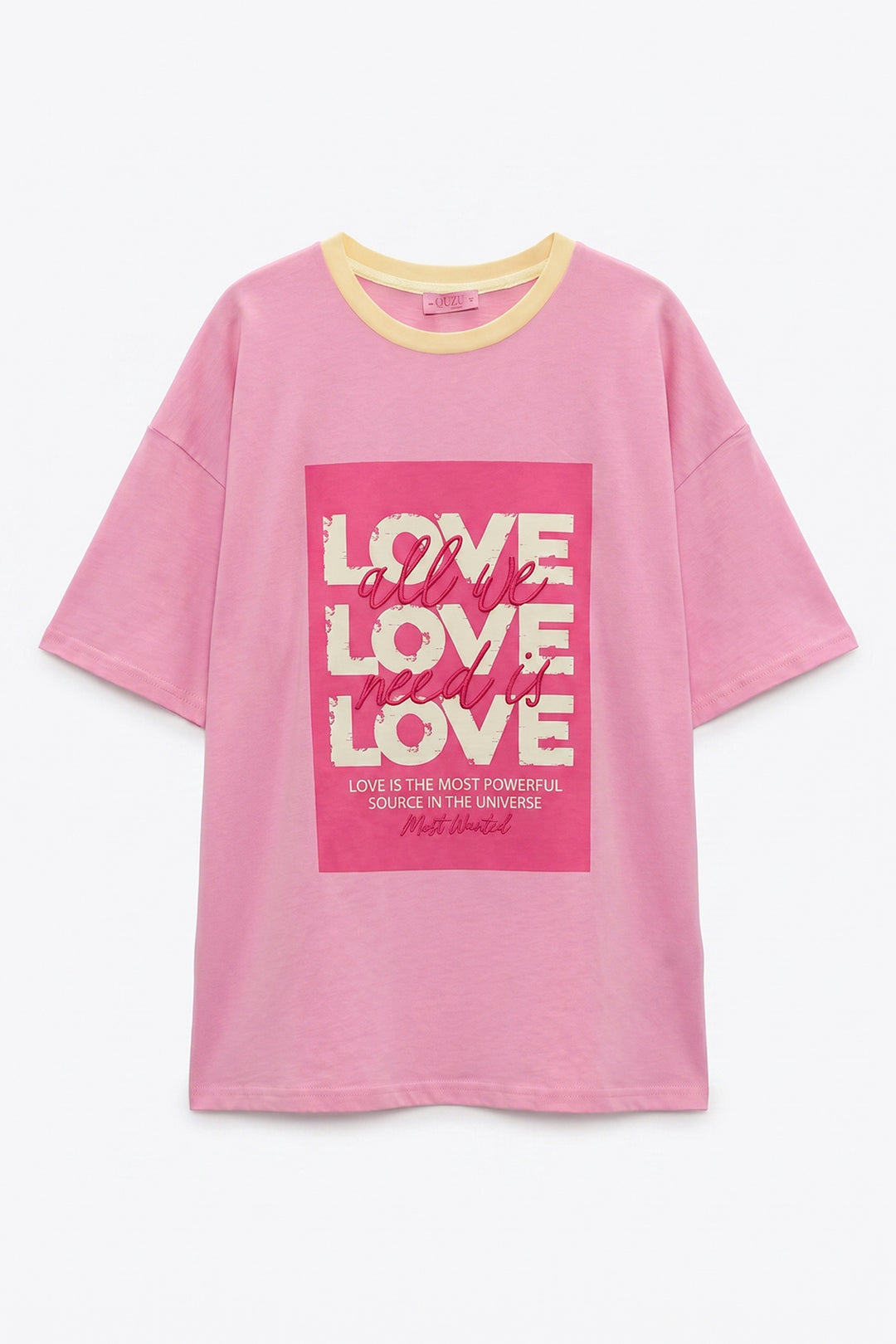 Love Yazı Baskılı Oversize Tişört Pembe