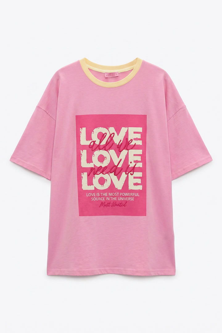 Love Yazı Baskılı Oversize Tişört Pembe