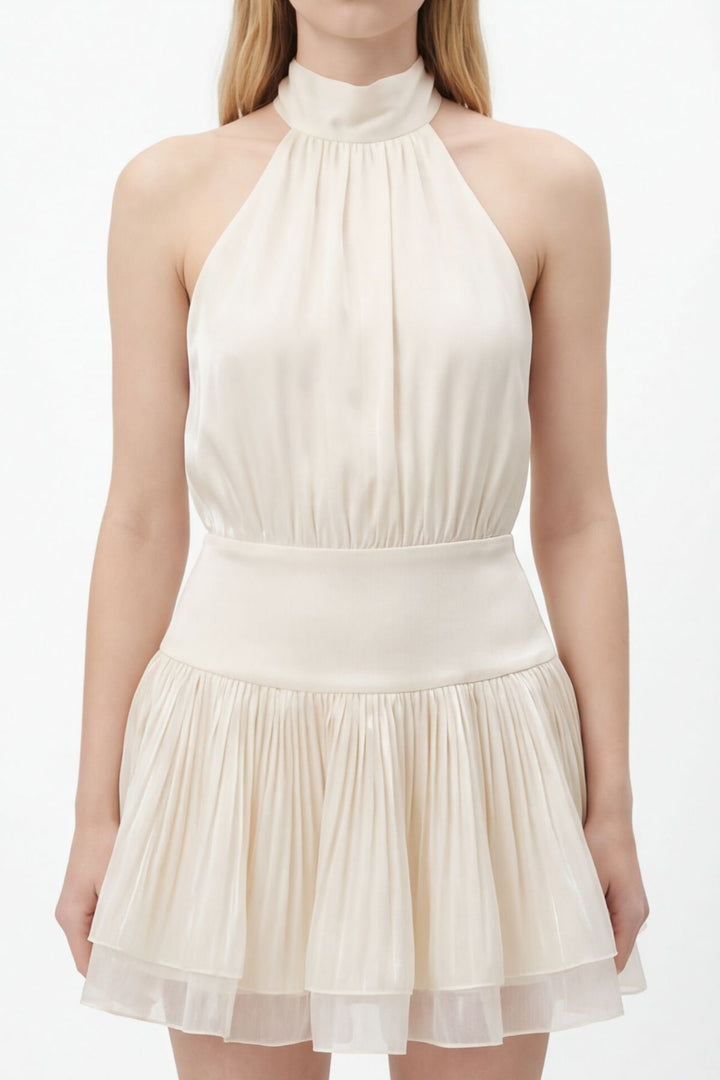 Boyundan Bağlamalı Volanlı Mini Elbise Bej