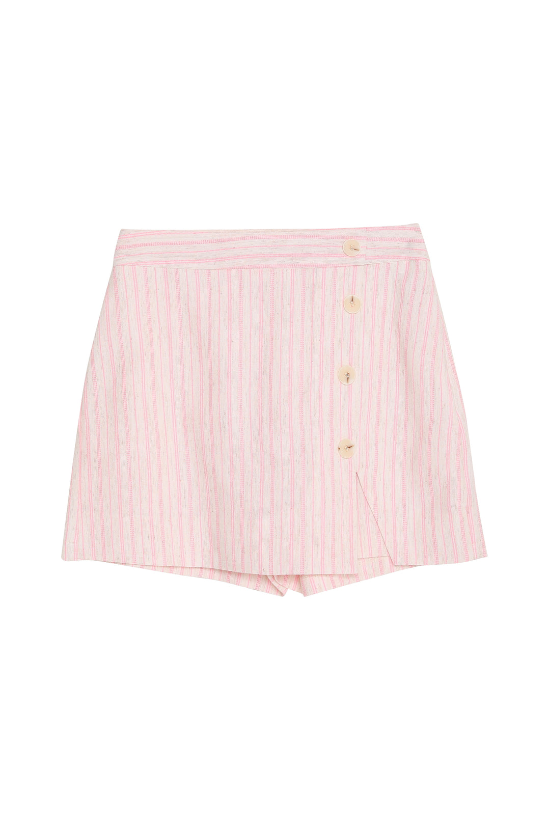 Düğme Aksesuarlı İnce Çizgili Keten Şort Etek Pembe