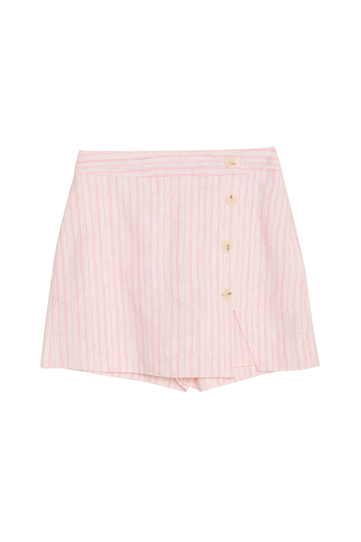 Düğme Aksesuarlı İnce Çizgili Keten Şort Etek Pembe
