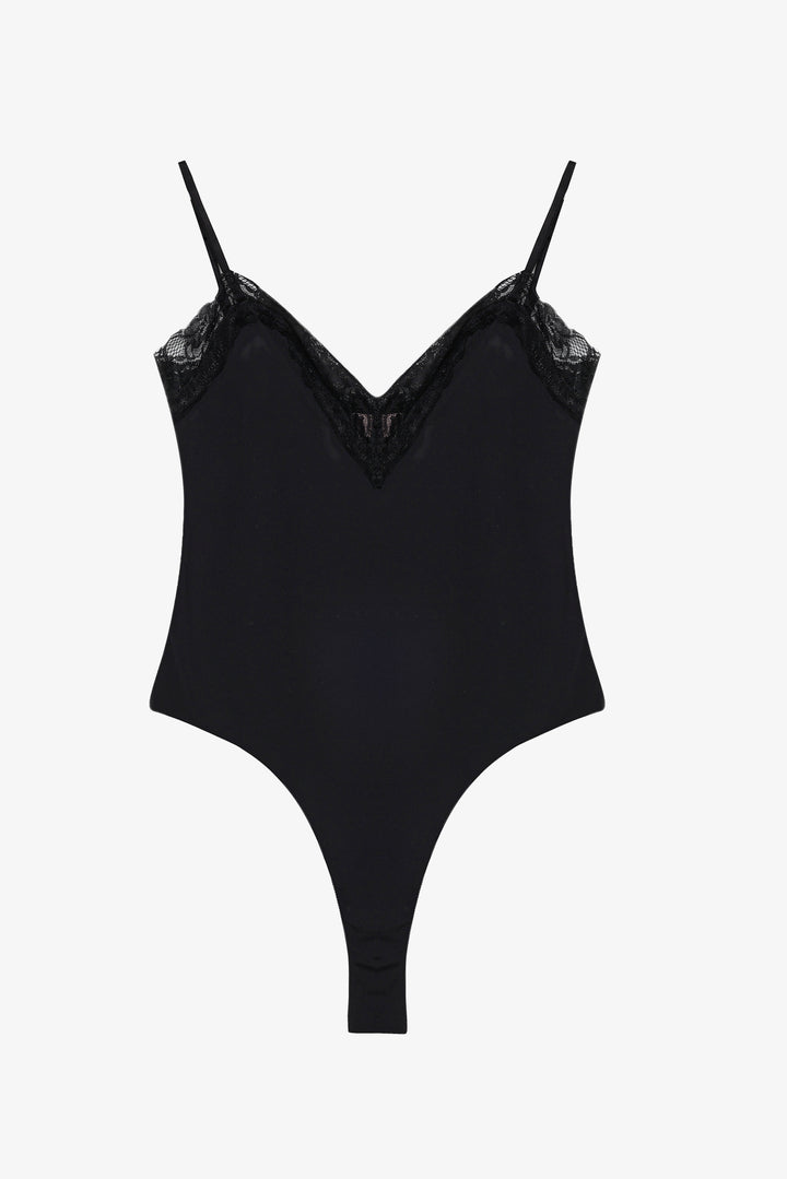 Dantel Yaka Askılı Bodysuit Siyah