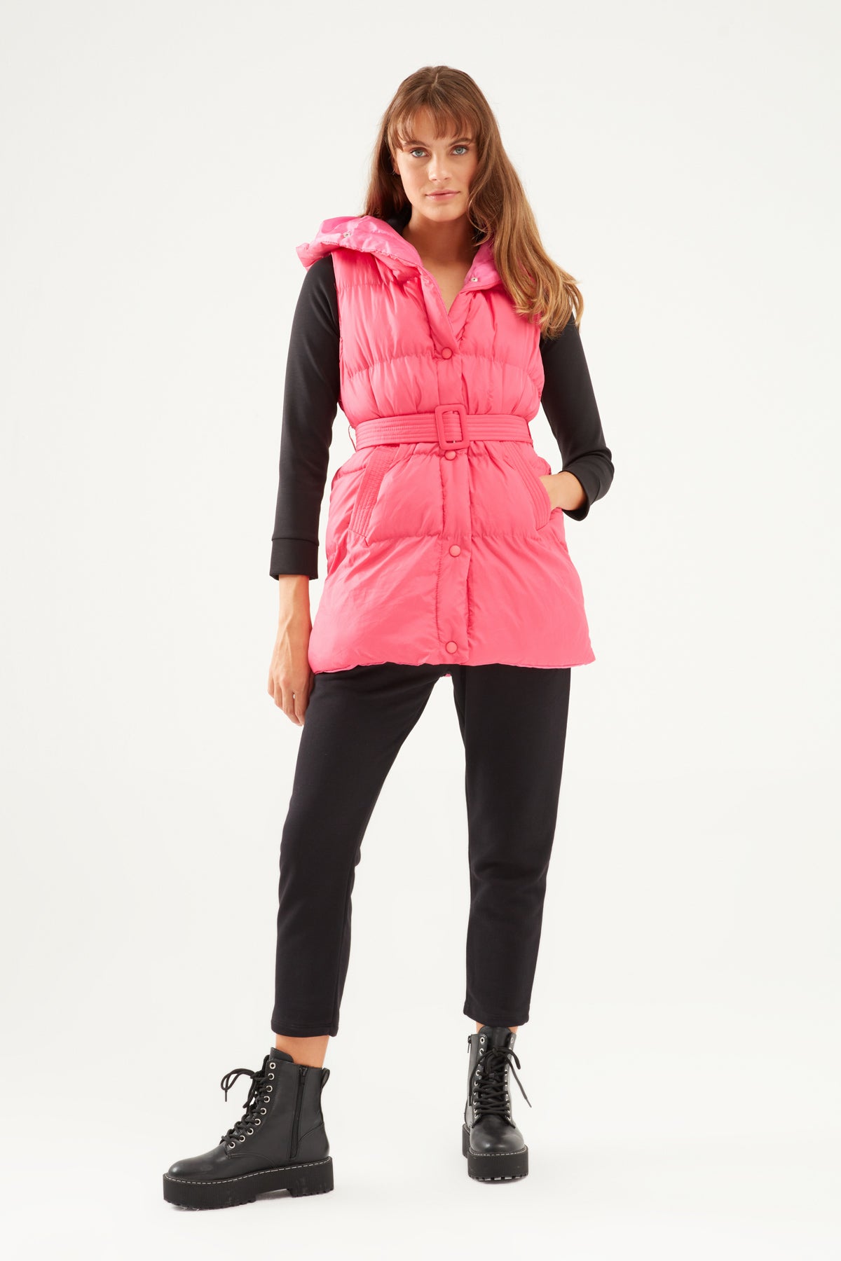 Hooded Belted Inflatable Vest Fuchsia