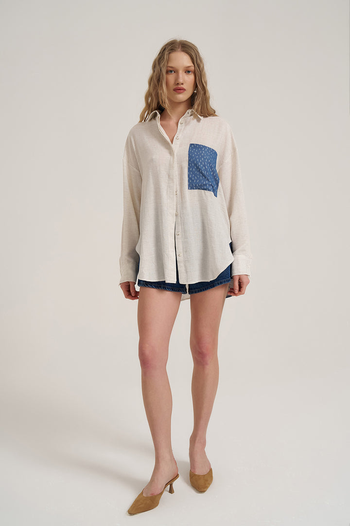 Sırtı Baskı Detaylı Oversize Keten Gömlek Naturel