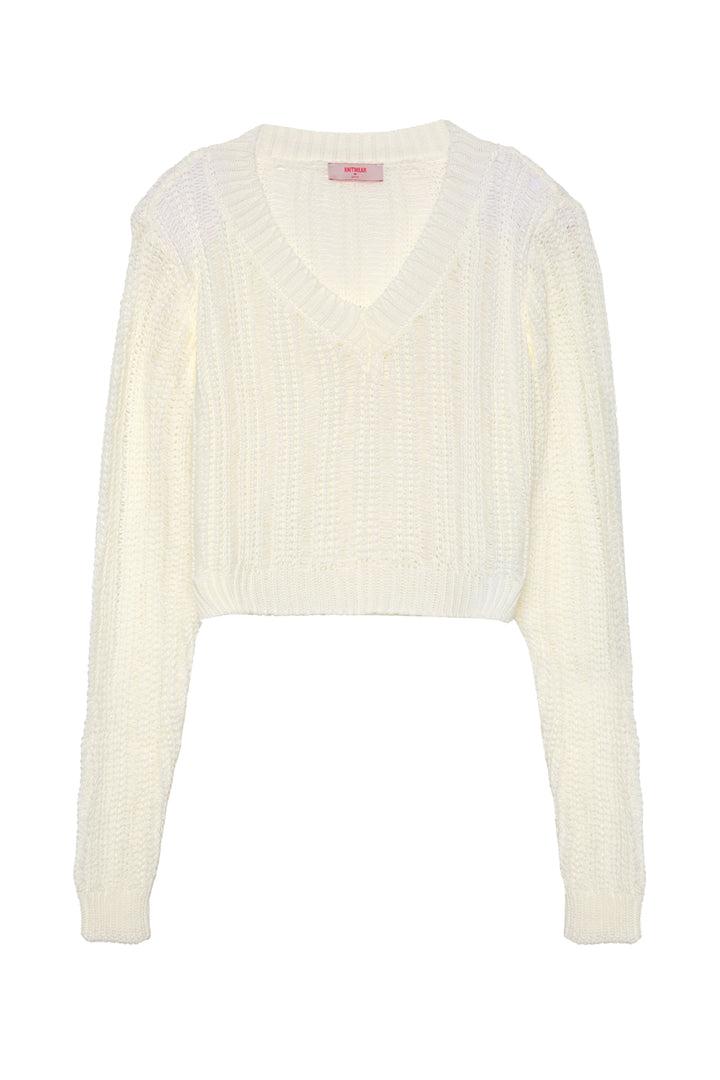 Vatkalı V Yaka Crop Triko Ekru