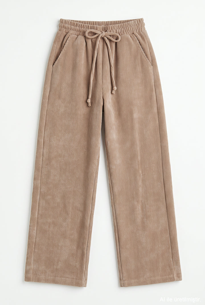 Beli Lastikli Kadife Bol Paça Pantolon Camel
