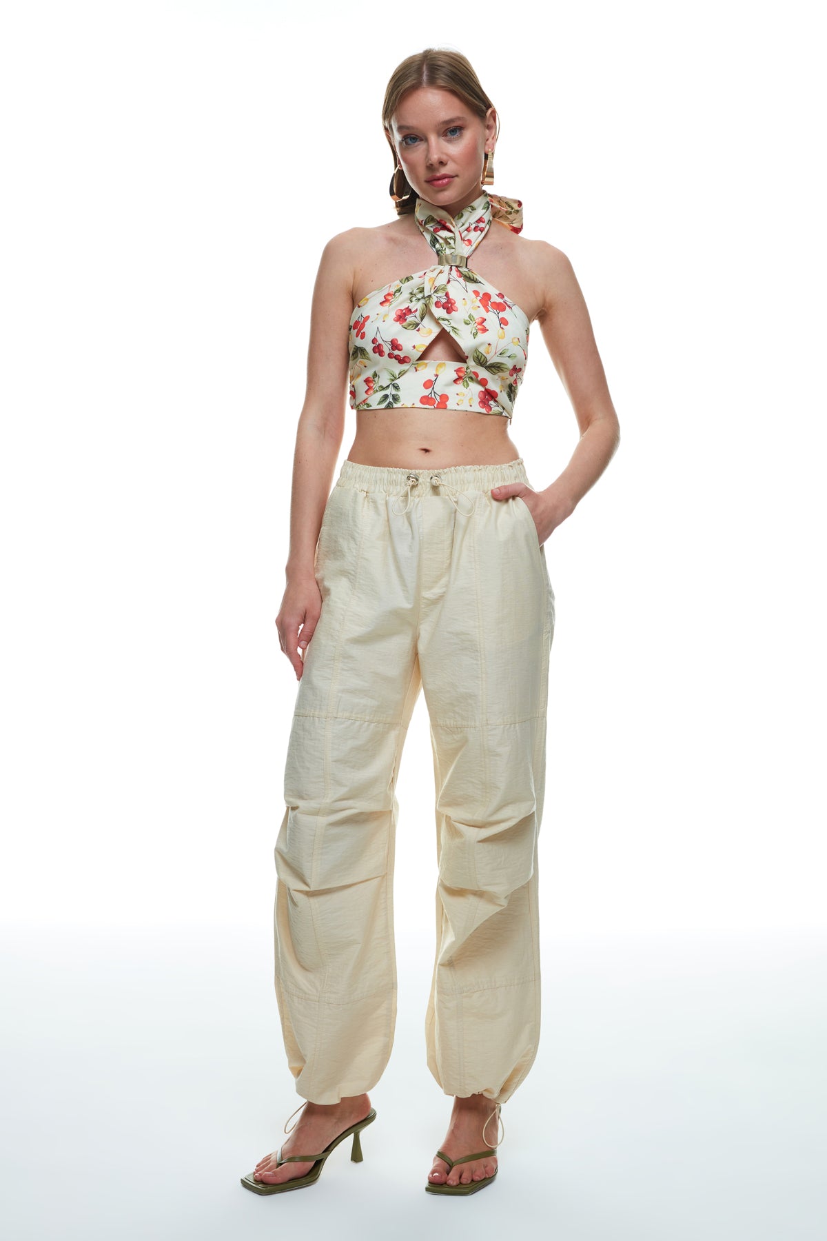 Wide Leg Parachute Pants Beige