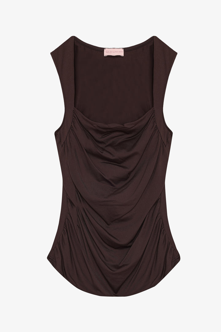 Büzgülü Kolsuz Bluz Kahverengi