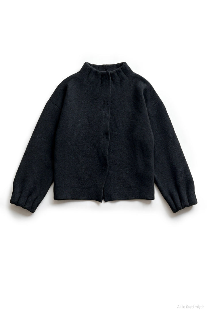 Dik Yaka Oversize Triko Hırka Siyah