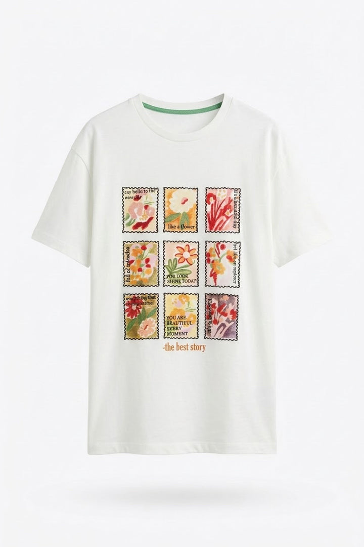 Çiçek Kolaj Baskılı Oversize Tişört Ekru