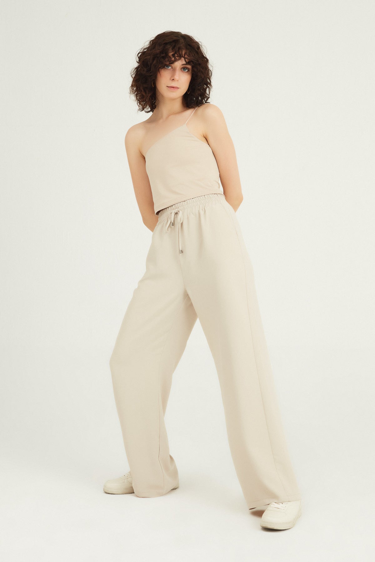 Elastic Waist Wide Leg Trousers Stone