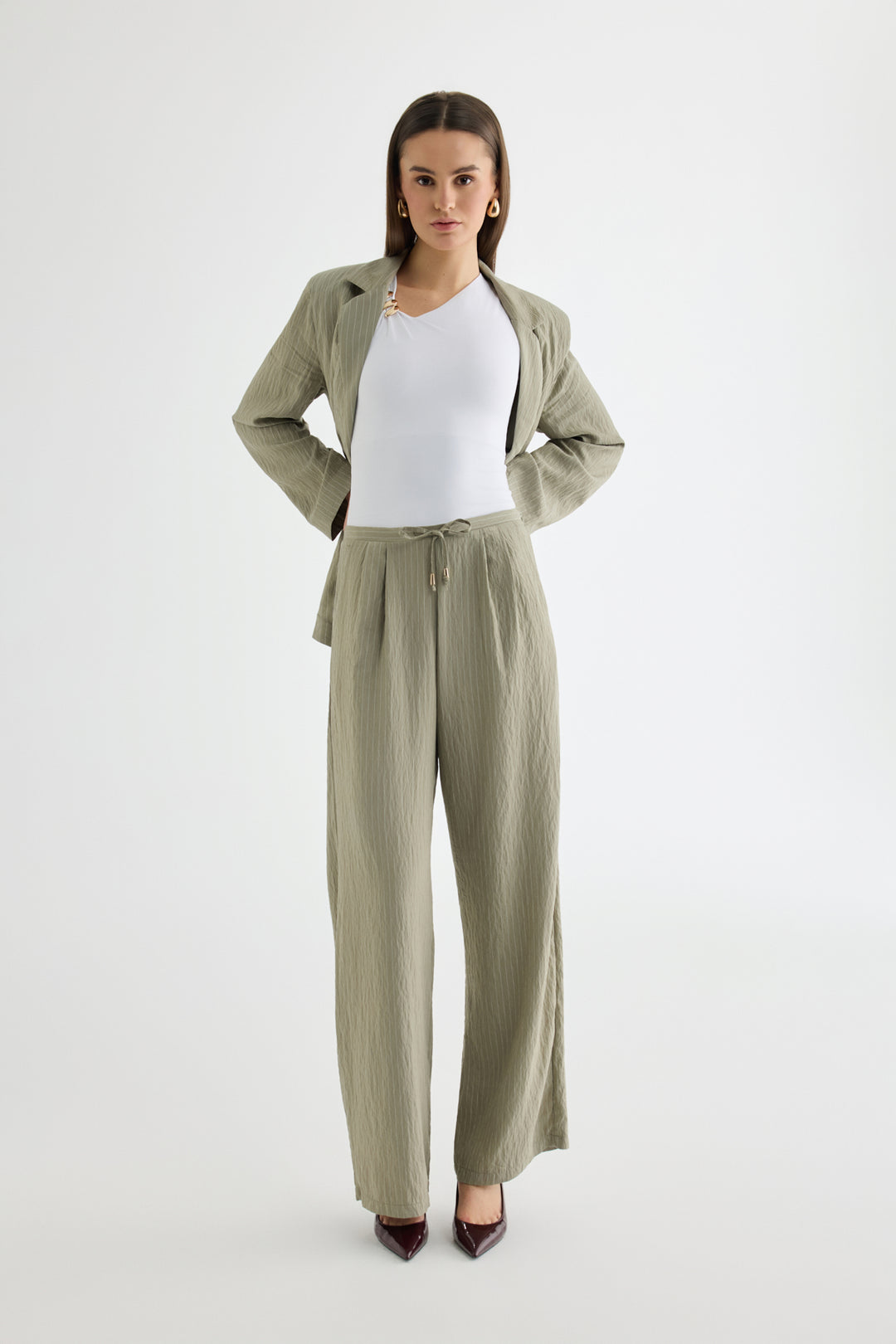 Çizgili Bağcıklı Bol Paça Pantolon Haki