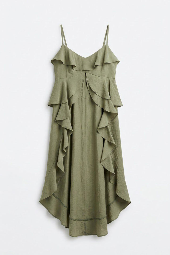 Askılı Volanlı Asimetrik Bluz Haki