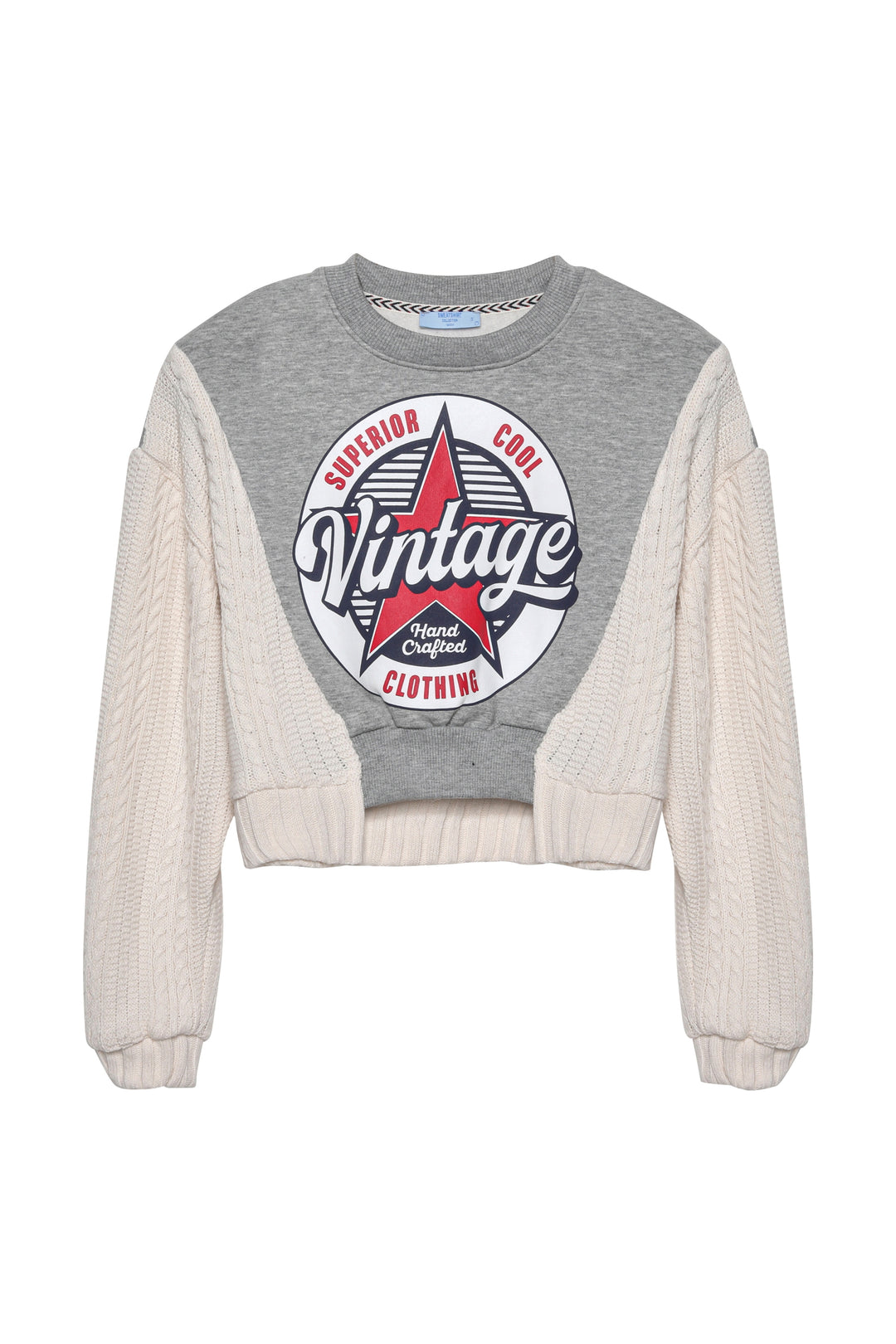 Örgü Kollu Baskılı Crop Sweatshirt Gri