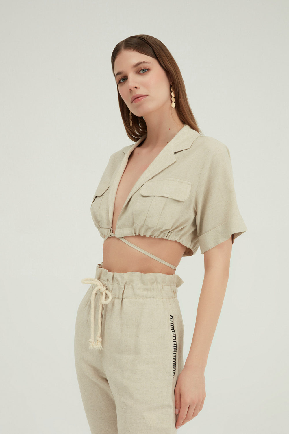 Tie Front Crop Linen Shirt Natural