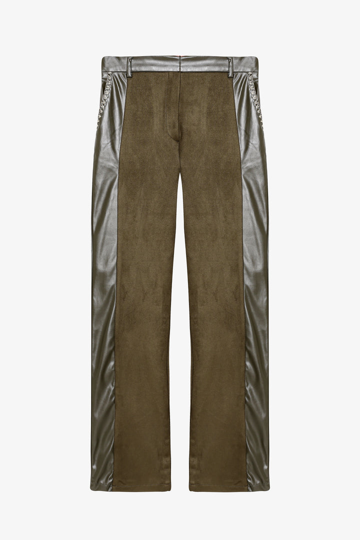 Deri Garnili Bol Paça Süet Pantolon Haki