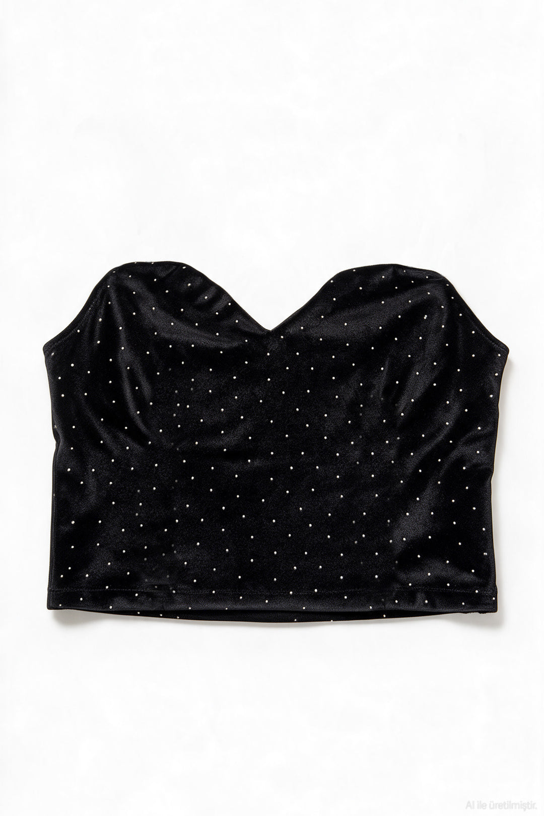 Taşlı Kadife Straplez Crop Bluz Siyah